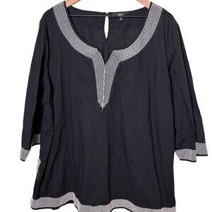 Ellos Black Split Side Hem Tunic Embroidered Trim 1X - 22/24. 3/4 Length Sleeves